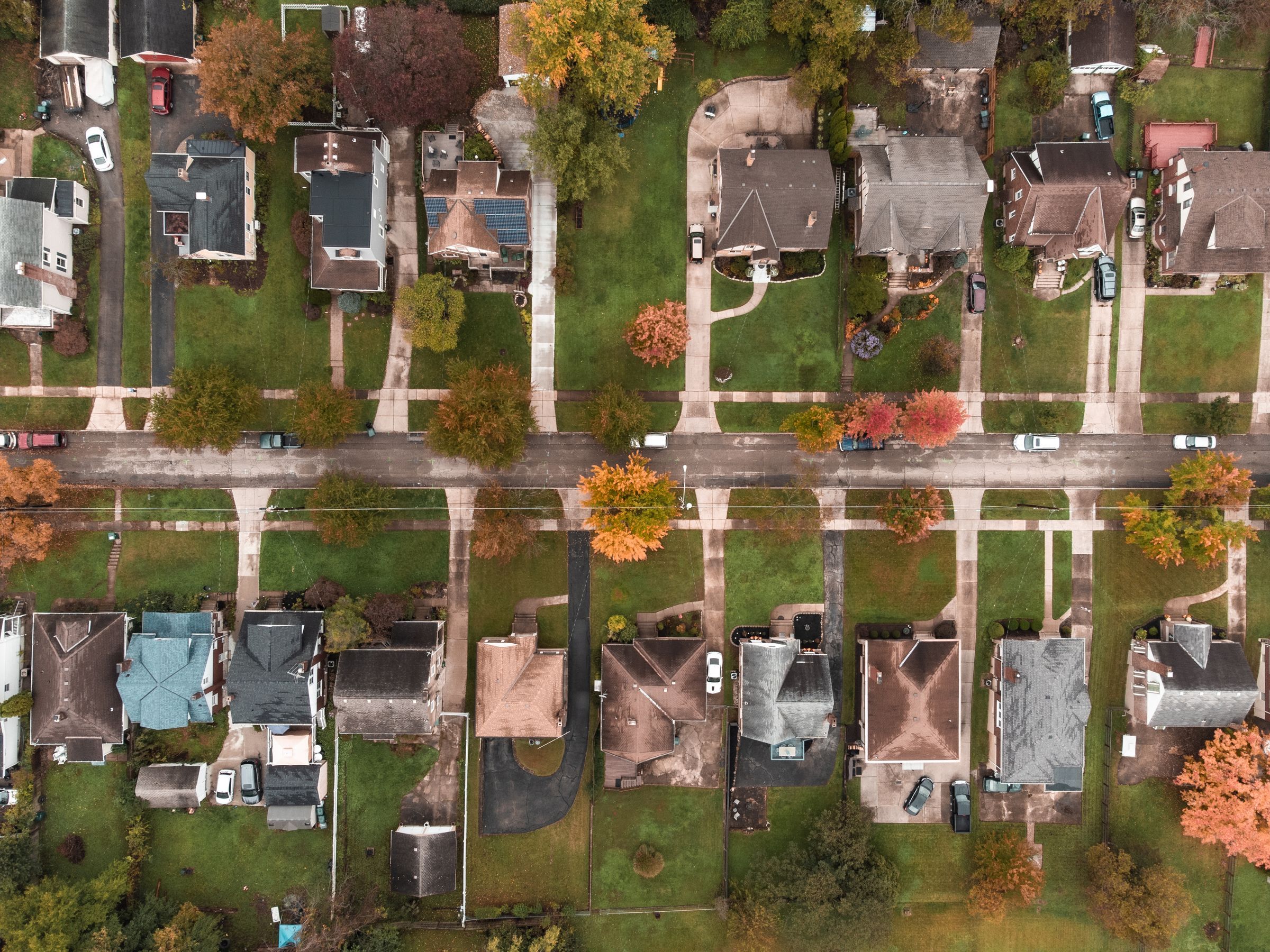 Aerial view of a suburban Ohio neighborhood in autumn