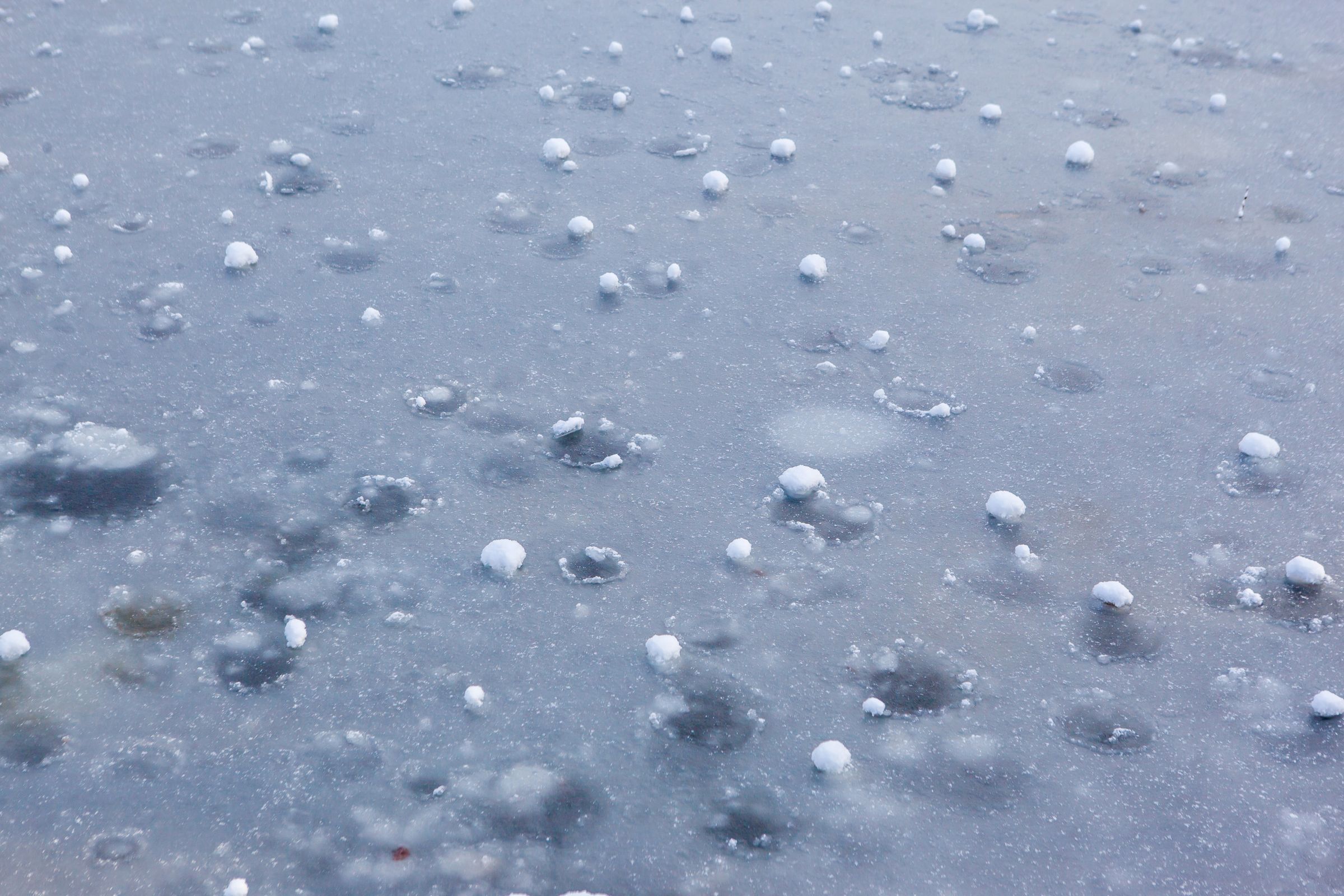 Hailstones on wet pavement after a storm